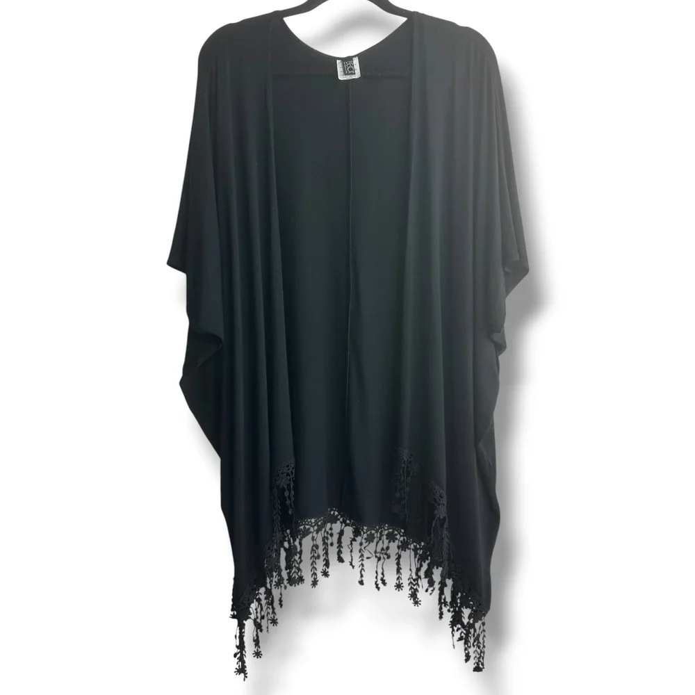 BECCA by Rebecca Virtue Swim Cover Up Women M/L Black Crochet Lace Tassel Kimono